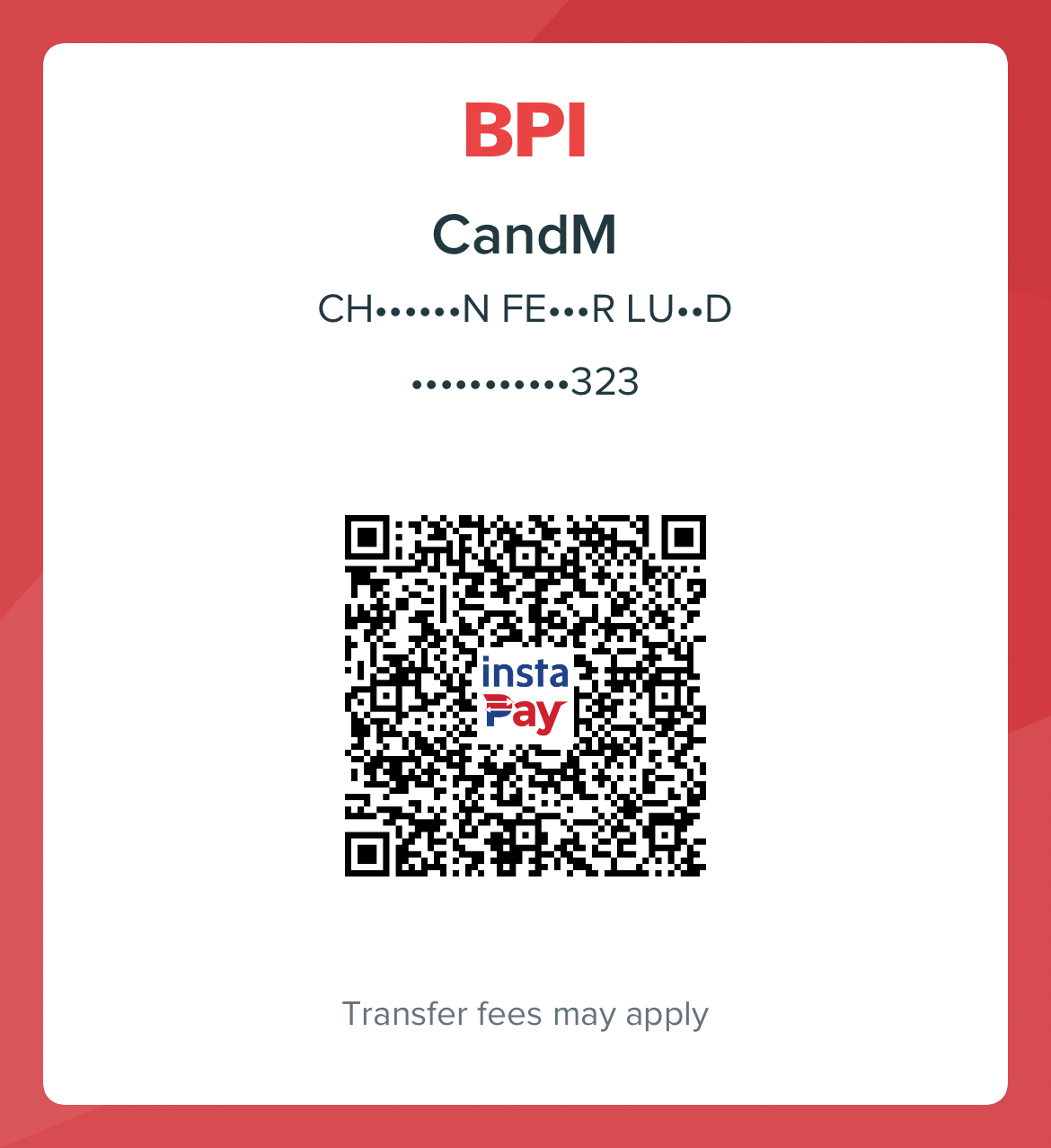 BPI InstaPay QR code for a monetary gift to Melanie and Christian